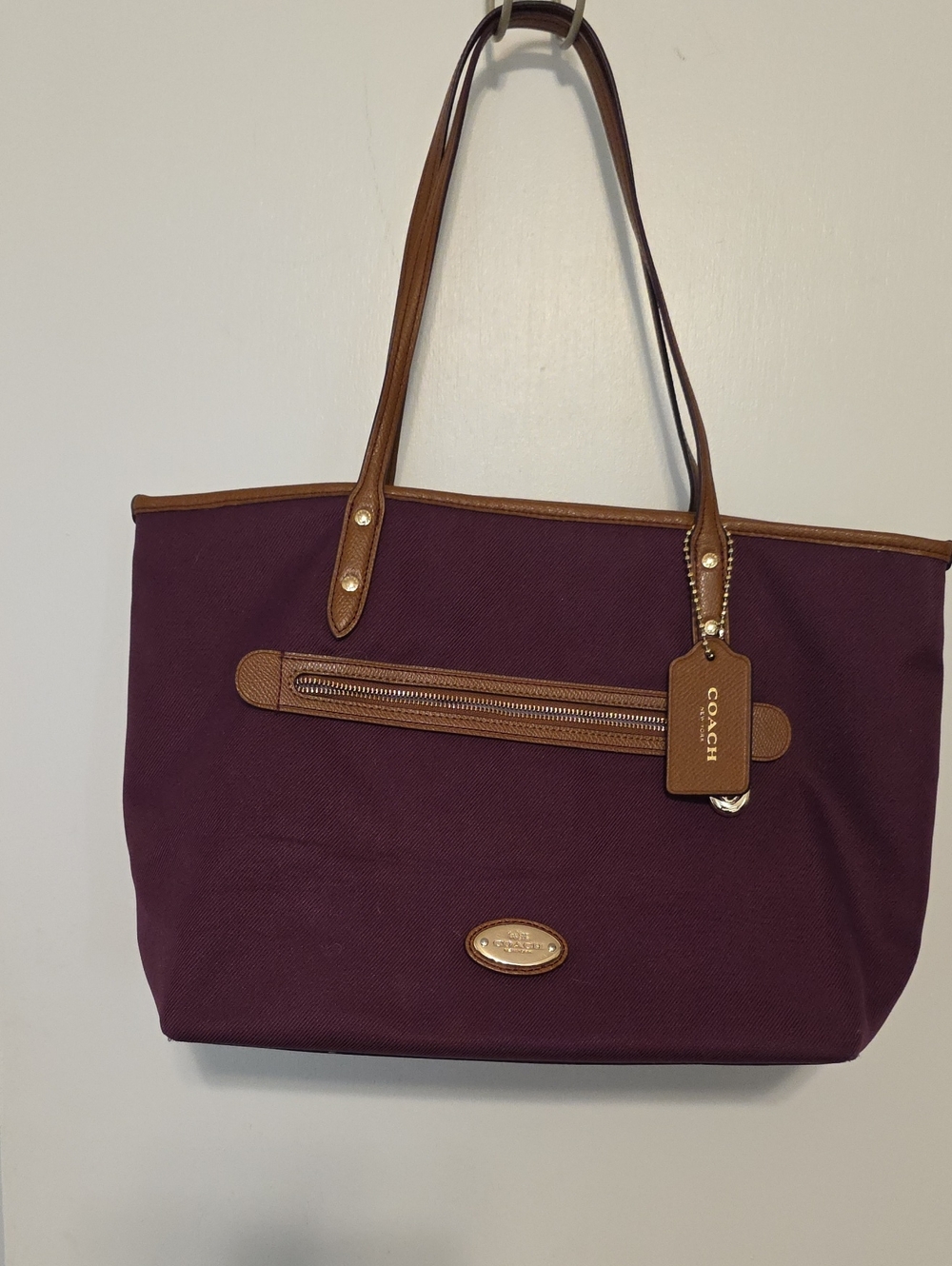 Coach Plum Canvas Tote with Brown Leather Trim